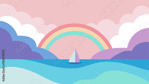 Pastel seascape with rainbow and sailboat design on transparent background