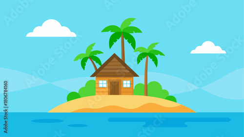 Cartoon island with hut and palm trees on the sea on transparent background