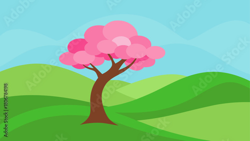 Illustration of a pink tree on green hills and sky on transparent background
