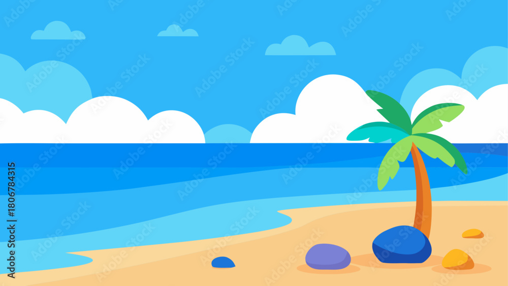 Obraz premium Cartoon beach scene with palm tree and blue sky on transparent background