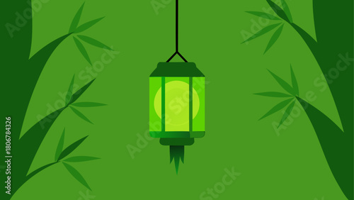 Illustration of a green lantern hanging in bamboo on transparent background
