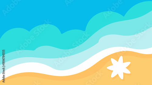 Cartoon beach scene with waves and a starfish art on transparent background