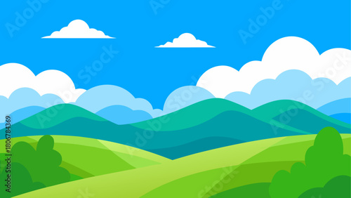 Cartoon landscape with hills and clouds in the sky on transparent background