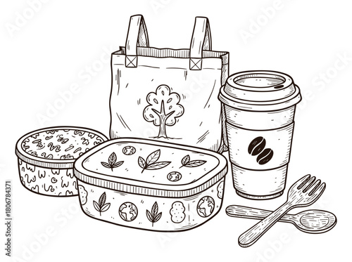 Eco Friendly Takeaway Set Doodle Style Vector Illustration, Lunch Boxes, Coffee Cup & Cutlery Illustration, Sketch doodle style ink illustration