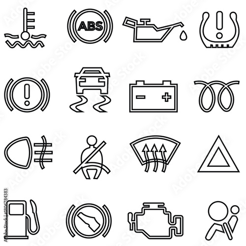 Unified Car Dashboard & Auto Interior Indicator Icons Set – Vehicle Warning, Engine Oil, Control Panel Symbols (Vector)