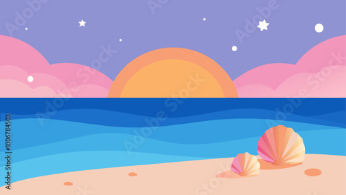 Cartoon beach scene with shells and sunset design on transparent background