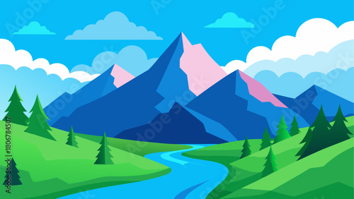 Landscape with mountains river and trees illustration on transparent background
