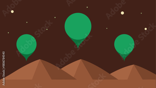 Three green markers hover over brown pyramids on transparent background