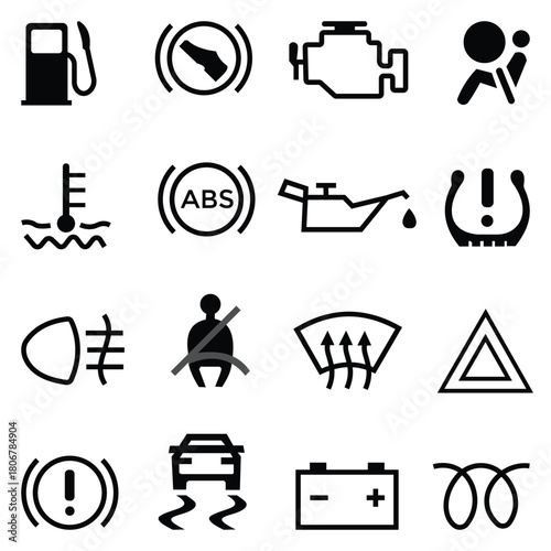 Unified Car Dashboard & Auto Interior Indicator Icons Set – Vehicle Warning, Engine Oil, Control Panel Symbols (Vector)