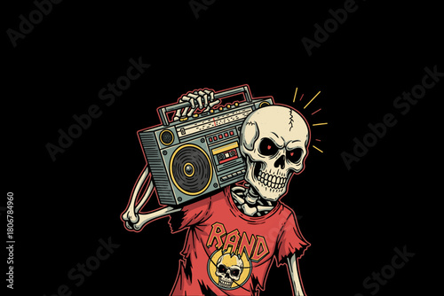 Skeleton carrying a vintage boombox on its shoulder.