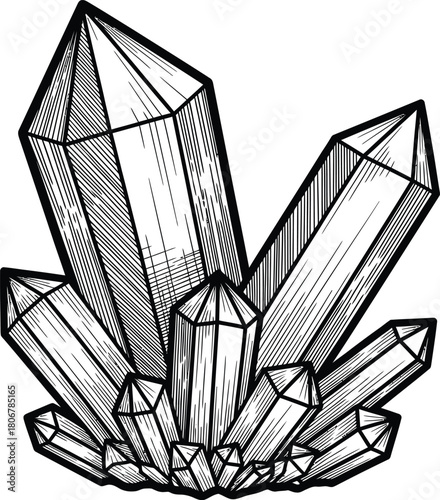Crystal cluster drawing vector illustration gemstone mineral geology art eps silhouette