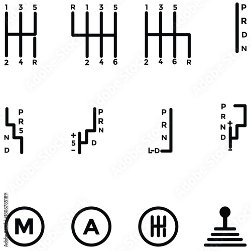 Car Manual Shift Lever Icon Set – Transmission, Gear Stick, and Automotive Control Symbols Vector Illustration