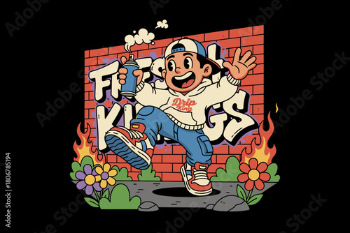 Young boy with spray can creating graffiti art on brick wall wit