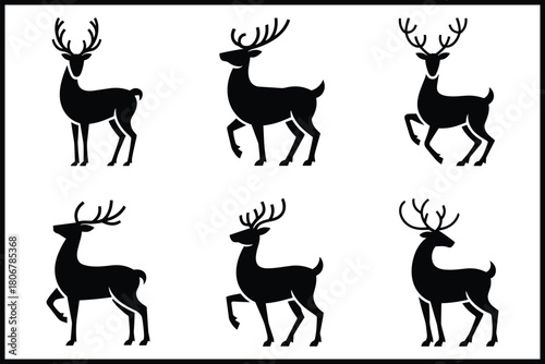 Elegant collection of stag deer silhouettes with antlers, vector icons isolated on white background, Vector