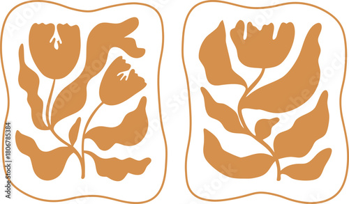 Modern floral block print with abstract tulip silhouettes. Organic shapes create a warm, handcrafted aesthetic. Perfect for textiles, wall art, and contemporary designs.