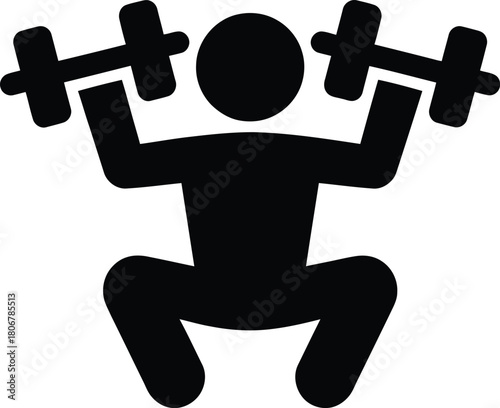 Fitness person squatting with dumbbells icon, strength training workout gym