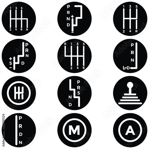 Car Manual Shift Lever Icon Set – Transmission, Gear Stick, and Automotive Control Symbols Vector Illustration