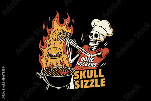 Skeleton Chef Grilling Burgers with Flames.
