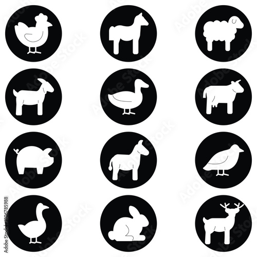 Savanna and Wild Animal Linear Icons Set – Minimalist Outline Lion, Elephant, Giraffe, Zebra, Rhinoceros, Cheetah, Bear, Bird, Owl, Fox, Rabbit and Chicken Vector Illustration