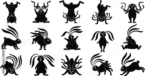 Collection of Silhouetted Rabbits in Various Playful Poses and Styles bunny black