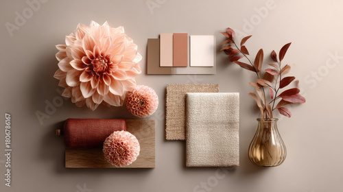 Elegant floral arrangement with dahlias, color palette, and textures. This beautiful composition features dahlias, color swatches, and various textures, perfect for design inspiration
