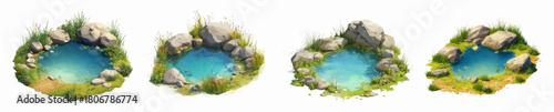 Watercolor set of garden lakes with stones and tar. Calm pond surrounded by lush grass, bushes. Water garden and park decor. Vector illustration.