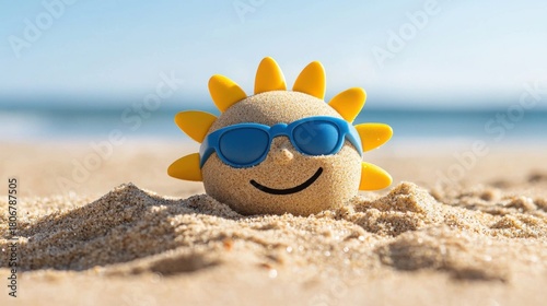 Happy Sun Face Carved in Beach Sand with Toy Accessories