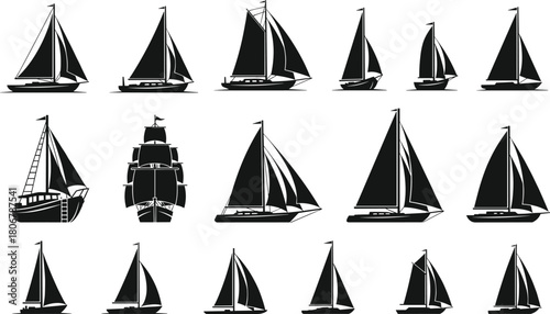Sailboat silhouette collection featuring various sailing ships, yachts, marine vessels and nautical boat illustrations for ocean travel, maritime design projects