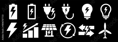 Electricity and energy set icon. Lightning bolt, battery, plug, solar panel, wind turbine, power, renewable energy, electrical safety. Vector stock illustration