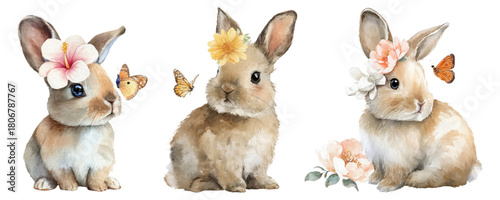 Watercolor Easter set with spring flowers, butterflies and adorable bunnies. Cute rabbit characters with fluffy tails, blooming petals and delicate wings.