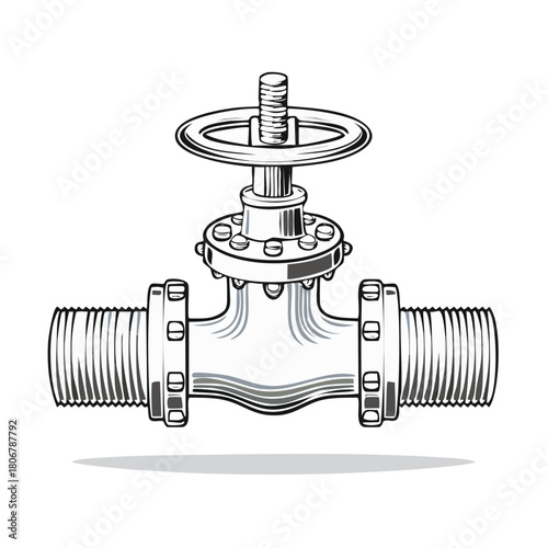 Industrial plumbing valve illustration, metallic pipe fitting element design