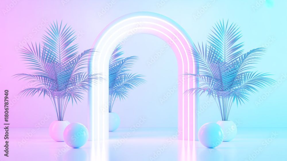 Naklejka premium A minimalist 3D rendering of a neon-lit archway scene with a pastel color palette.