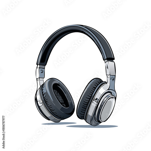 Detailed illustration of modern over-ear headphones with sleek metallic and black finish