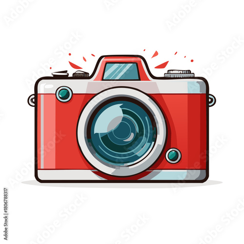 Retro red camera with a large blue lens and flashing lights, vector illustration