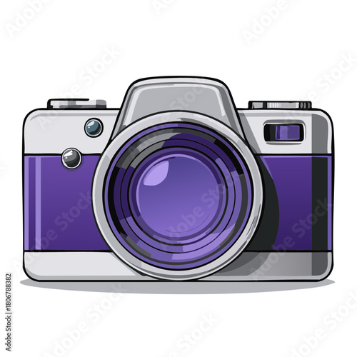 Isolated digital photo camera, stylized purple and gray, photographic equipment with lens and viewfinder illustration