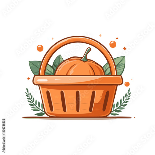 Autumn harvest bounty with orange pumpkin in basket and green leaves