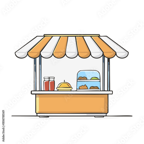 Hand-drawn street food vendor cart with striped awning and pastries on display