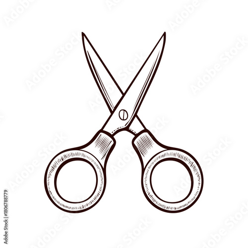 Scissors illustration, hand drawn graphic style with detailed shading and open blades.