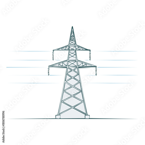 Graphic illustration of a tall metal electricity pylon transmitting power through suspended wires