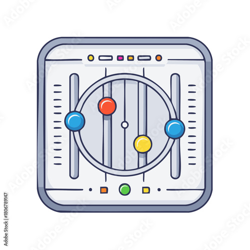 Colorful music equalizer sliders with round knobs and control buttons for audio adjustment