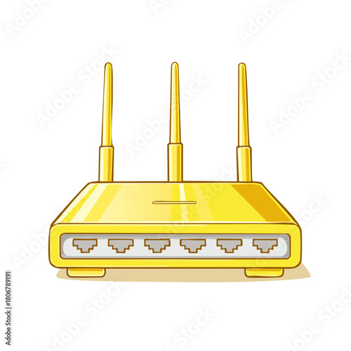 Golden Wireless Router with Three Antennas and Ethernet Ports, Digital Technology Illustration