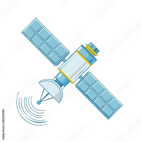 Cartoon illustration of a satellite orbiting in space sending and receiving a signal
