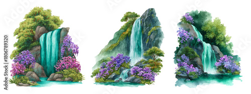 Watercolor waterfall with lilac flowers and green trees on stone cliffs. Spring mountain stream cascading through blooming nature scene with blue water flowing over rocks.