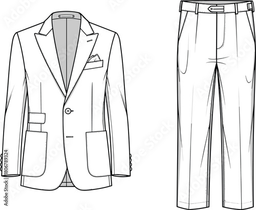 Men’s blazer and trousers technical flat sketch showing detailed formal outfit design, fashion apparel illustration for garment template, tailoring drawing and clothing design