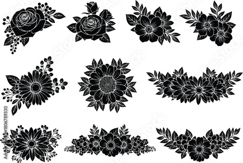 Black and white floral design elements for wedding invitations and cards eps silhouette