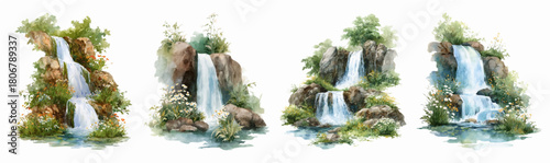 Watercolor waterfall illustration with cascading stream flowing over stones. Green trees and mountains frame natural landscape scene with splashing water. 