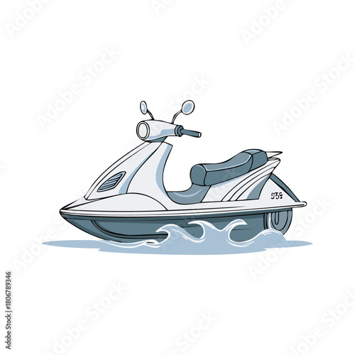 Illustration of a jet ski speeding across water with wave effects