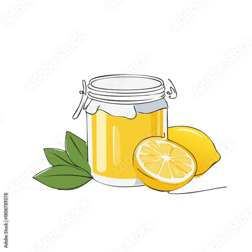 Jar of yellow liquid with lemons and leaves illustration