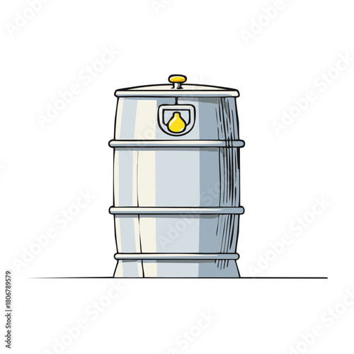 Classic Beer Keg Illustration with Metal Finish and Drop Symbol for Beverage Storage