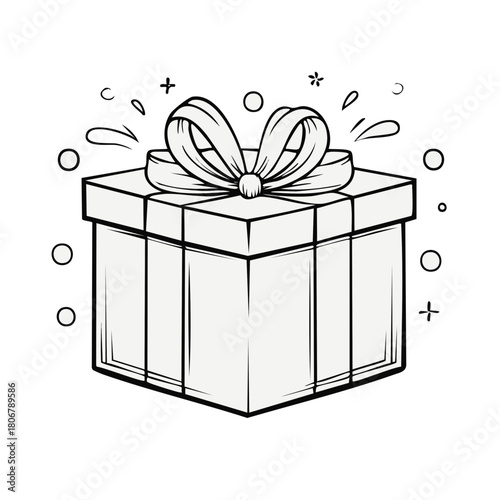 Gift Box with Bow and Decorative Elements in Black and White Outline Style